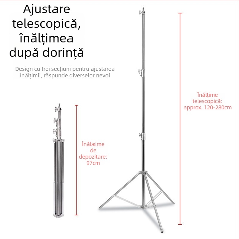 Stativ de iluminare din oțel inoxidabil pentru fotografiere live – încărcare 10 kg, diametru țeavă 25/30/35 mm, 3 secțiuni, greutate 2.35 kg
