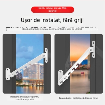Blocare de siguranță pentru ferestrele copiilor – montaj fără găuri, suport antifurt vânt, limitator deschidere interior/exterior cu cârlig și cataramă – model universal