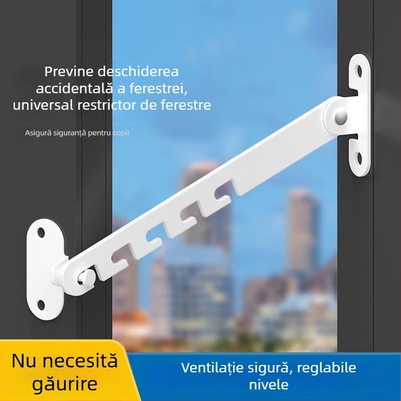 Blocare de siguranță pentru ferestrele copiilor – montaj fără găuri, suport antifurt vânt, limitator deschidere interior/exterior cu cârlig și cataramă – model universal