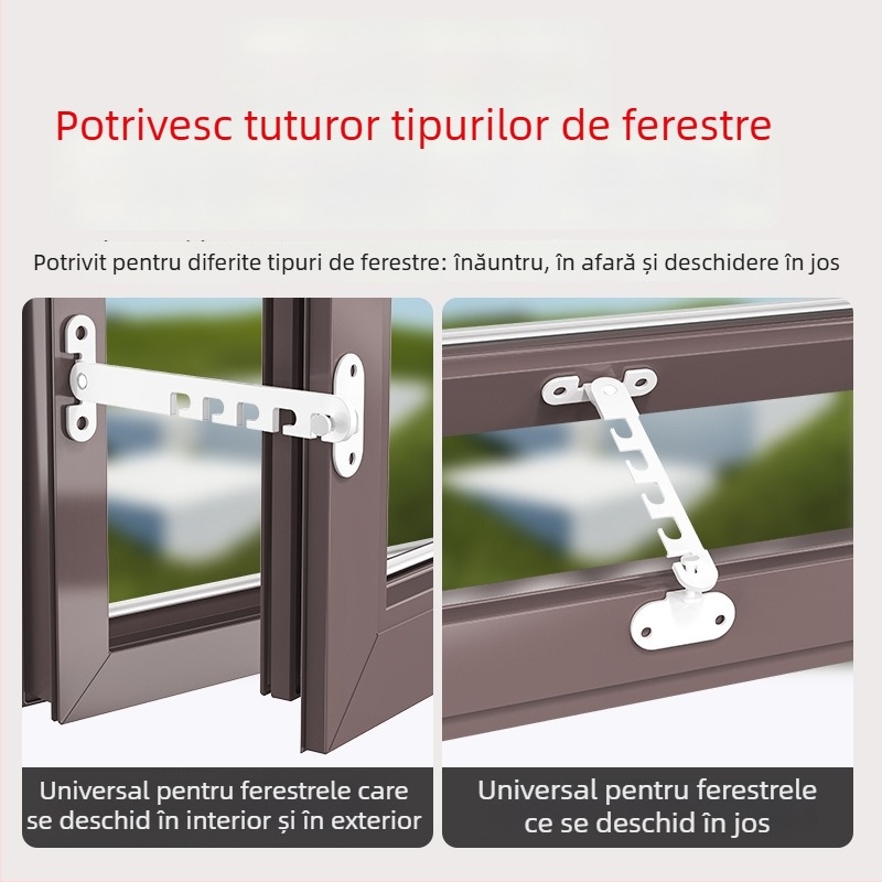 Blocare de siguranță pentru ferestrele copiilor – montaj fără găuri, suport antifurt vânt, limitator deschidere interior/exterior cu cârlig și cataramă – model universal