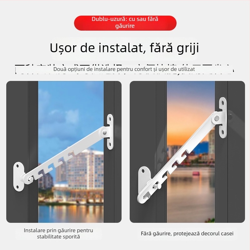 Blocare de siguranță pentru ferestrele copiilor – montaj fără găuri, suport antifurt vânt, limitator deschidere interior/exterior cu cârlig și cataramă – model universal