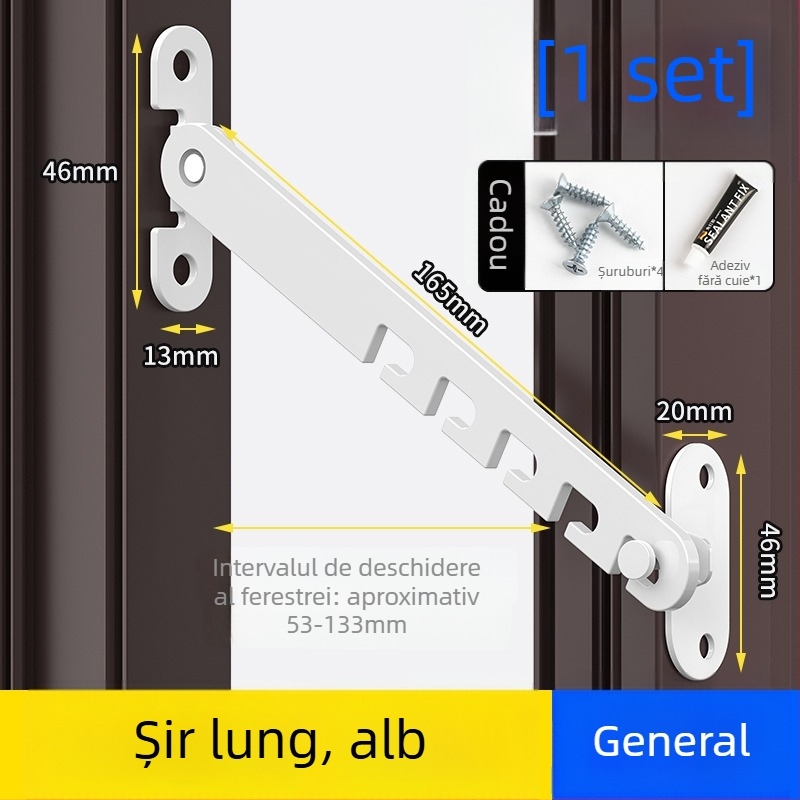 Blocare de siguranță pentru ferestrele copiilor – montaj fără găuri, suport antifurt vânt, limitator deschidere interior/exterior cu cârlig și cataramă – model universal