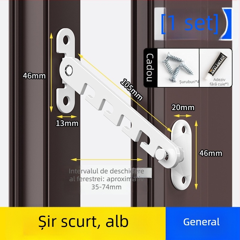 Blocare de siguranță pentru ferestrele copiilor – montaj fără găuri, suport antifurt vânt, limitator deschidere interior/exterior cu cârlig și cataramă – model universal