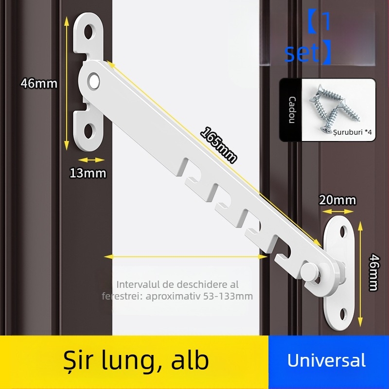 Blocare de siguranță pentru ferestrele copiilor – montaj fără găuri, suport antifurt vânt, limitator deschidere interior/exterior cu cârlig și cataramă – model universal