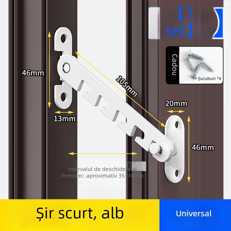Blocare de siguranță pentru ferestrele copiilor – montaj fără găuri, suport antifurt vânt, limitator deschidere interior/exterior cu cârlig și cataramă – model universal