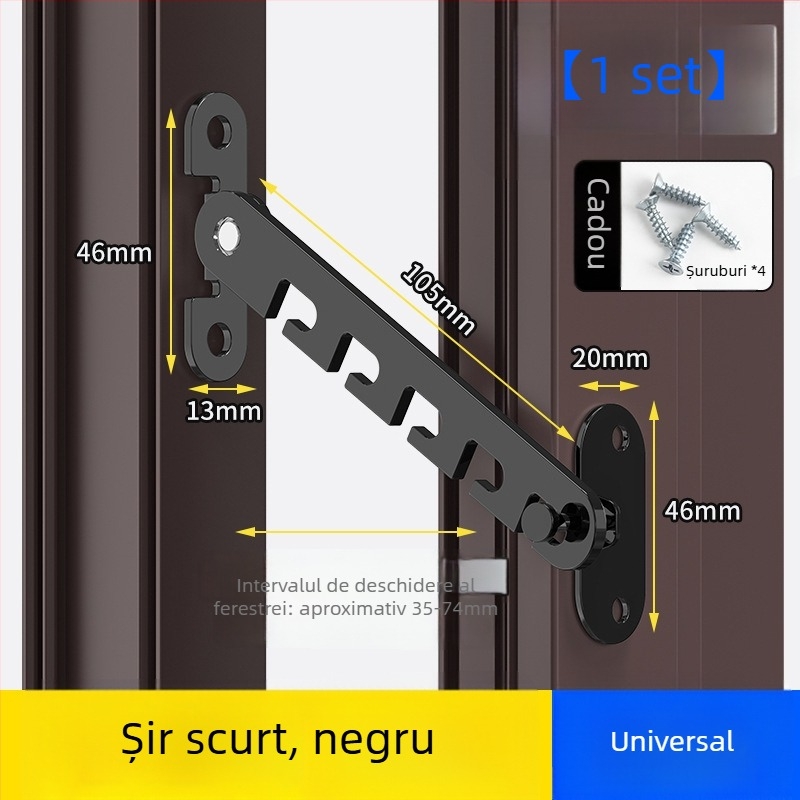 Blocare de siguranță pentru ferestrele copiilor – montaj fără găuri, suport antifurt vânt, limitator deschidere interior/exterior cu cârlig și cataramă – model universal