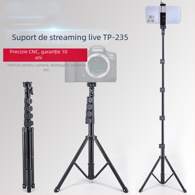 Trepied de podea din aliaj de aluminiu pentru telefon, streaming live – 5 secțiuni, încărcare maximă 2 kg, țevi cu diametre 25–22–19–16–14 mm