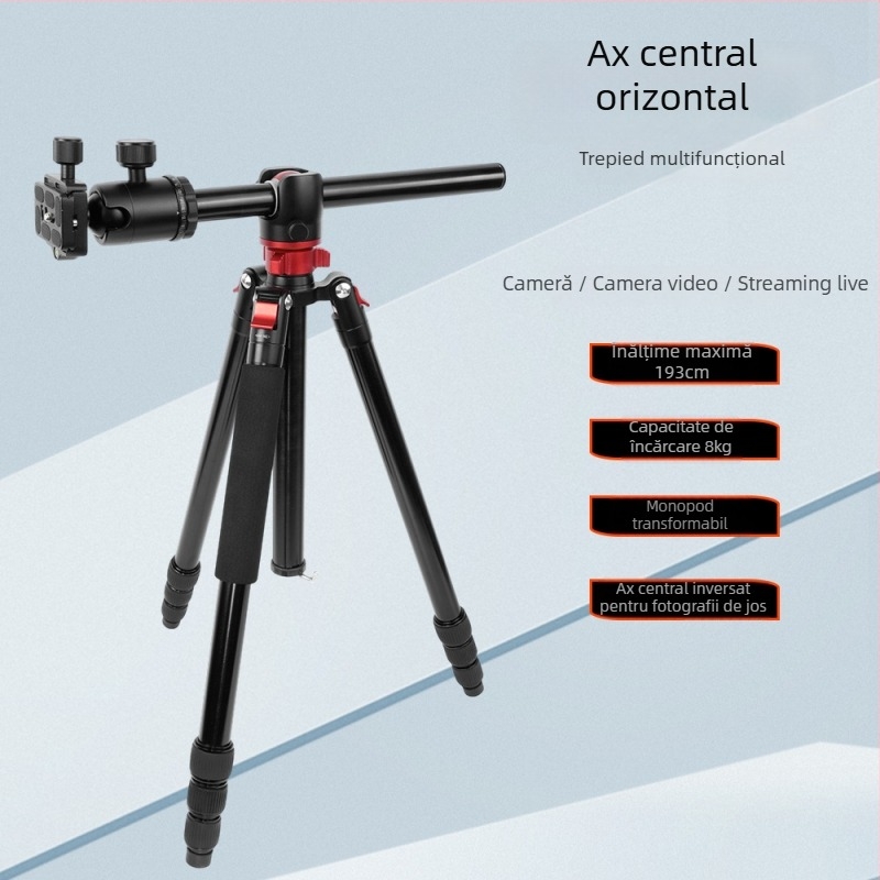 Stativ de fotografiat panoramic cu axă centrală orizontală și monopod detașabil, capacitate de încărcare 8 kg, înălțime de lucru 1,93 m, diametru maxim al tubului 25 mm, 4 secțiuni, lungime pliere 0,46 m