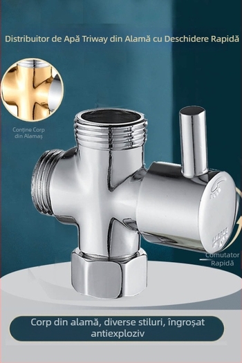 FSQ distribuitor de apă cu 1 intrare, 2 prize, robinet unghiular cu 3 căi, filete 4/6, interfață filet interioară și exterioară, conector alamă
