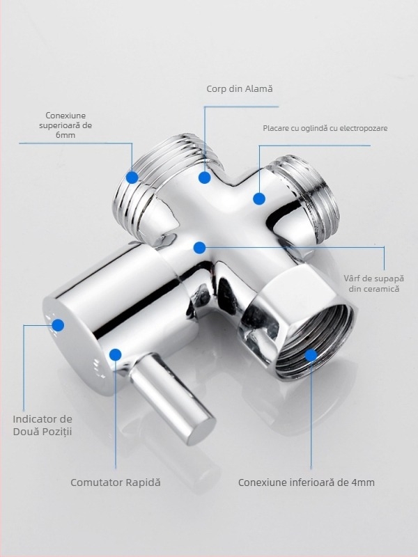 FSQ distribuitor de apă cu 1 intrare, 2 prize, robinet unghiular cu 3 căi, filete 4/6, interfață filet interioară și exterioară, conector alamă