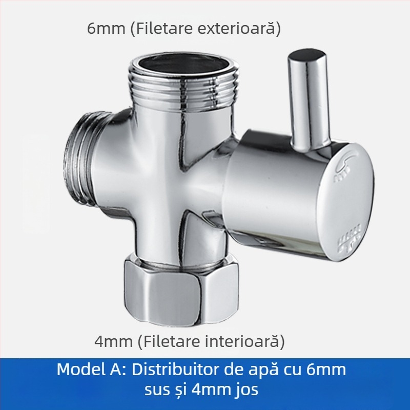 FSQ distribuitor de apă cu 1 intrare, 2 prize, robinet unghiular cu 3 căi, filete 4/6, interfață filet interioară și exterioară, conector alamă