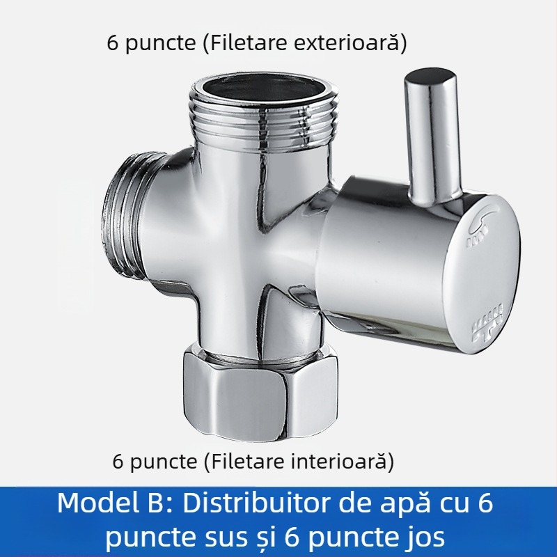 FSQ distribuitor de apă cu 1 intrare, 2 prize, robinet unghiular cu 3 căi, filete 4/6, interfață filet interioară și exterioară, conector alamă