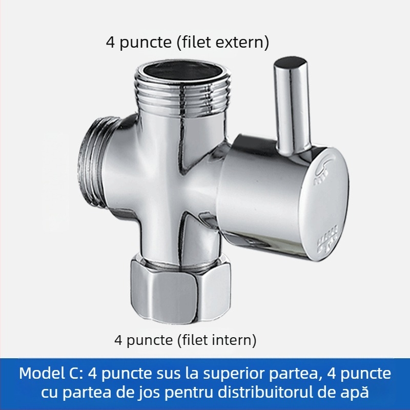 FSQ distribuitor de apă cu 1 intrare, 2 prize, robinet unghiular cu 3 căi, filete 4/6, interfață filet interioară și exterioară, conector alamă