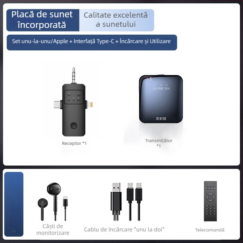 Microfon lavalier wireless cu cartelă audio încorporată pentru streaming pe telefon, Bluetooth 5.3