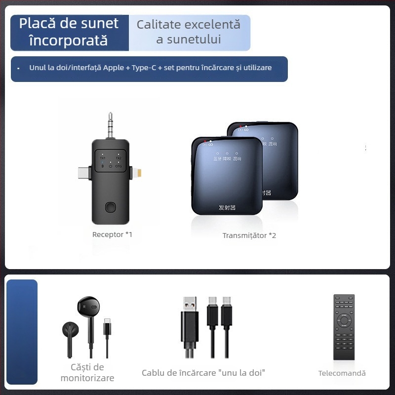 Microfon lavalier wireless cu cartelă audio încorporată pentru streaming pe telefon, Bluetooth 5.3