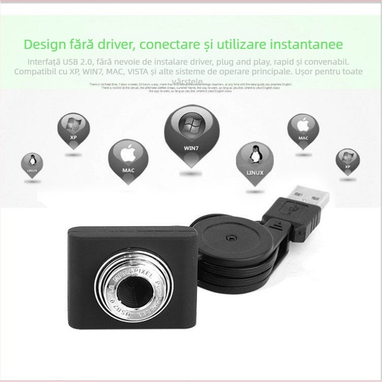 Webcam USB cu microfon încorporat, senzor 1.3 MP, rezoluție 1024×768 la 30fps, USB 2.0, fără driver