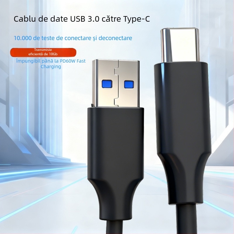 Cablu de date USB-A la USB-C, USB 3.0/3.1 viteză înaltă până la 10 Gbps, conector Type-C, cupru fără oxigen cu ecranare multistrat, încărcare PD până la 60W (3A/20V)