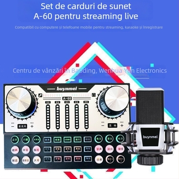 Set microfon condensator cu placă de sunet A60 pentru karaoke și streaming, baterie încorporată 800–1000 mAh, autonomie 6–8 h, SNR ≥70 dB