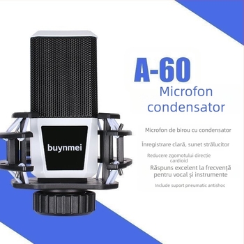 Set microfon condensator cu placă de sunet A60 pentru karaoke și streaming, baterie încorporată 800–1000 mAh, autonomie 6–8 h, SNR ≥70 dB