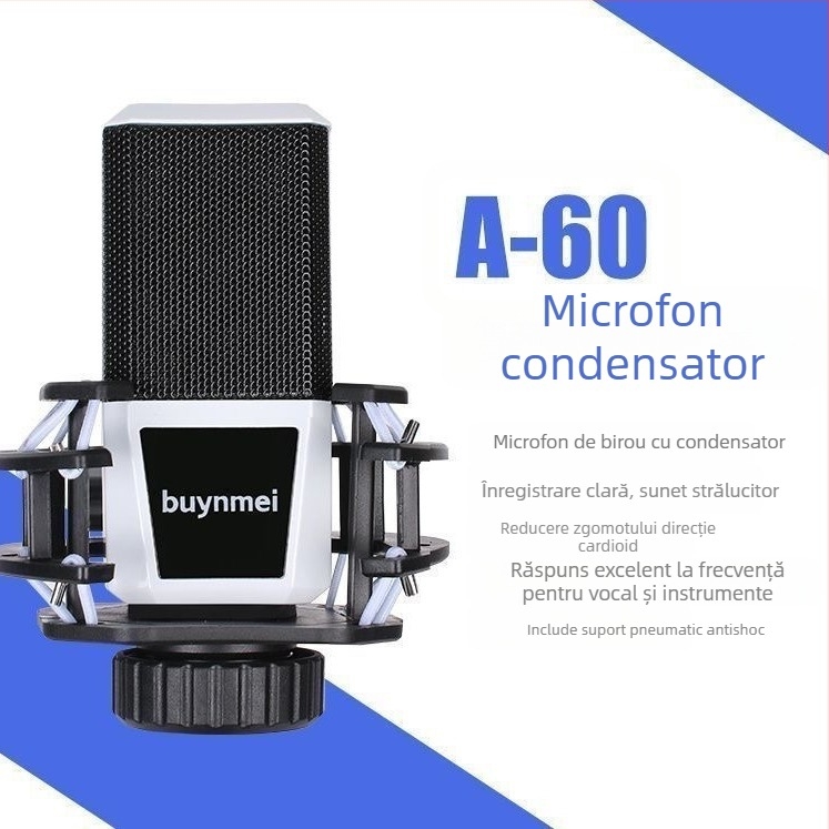Set microfon condensator cu placă de sunet A60 pentru karaoke și streaming, baterie încorporată 800–1000 mAh, autonomie 6–8 h, SNR ≥70 dB