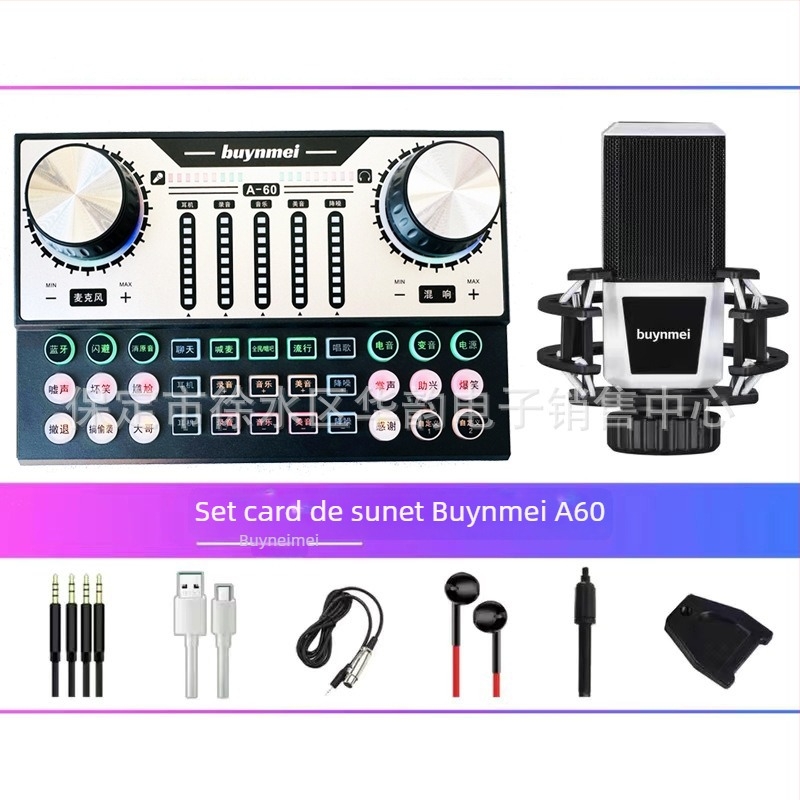 Set microfon condensator cu placă de sunet A60 pentru karaoke și streaming, baterie încorporată 800–1000 mAh, autonomie 6–8 h, SNR ≥70 dB