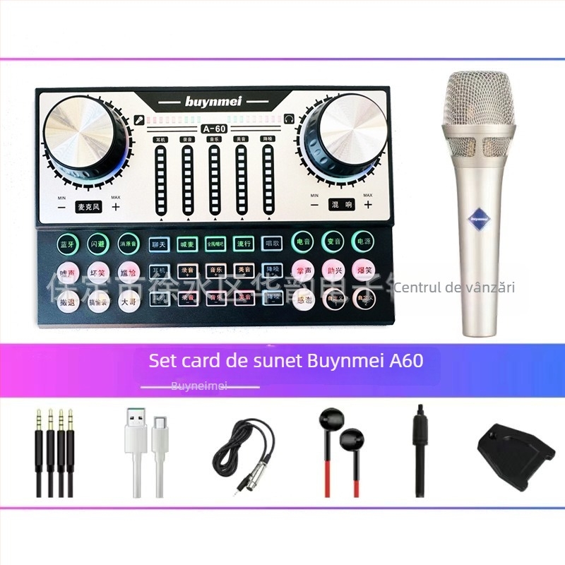 Set microfon condensator cu placă de sunet A60 pentru karaoke și streaming, baterie încorporată 800–1000 mAh, autonomie 6–8 h, SNR ≥70 dB