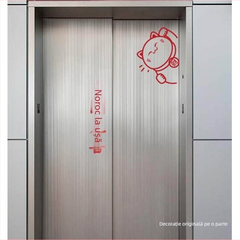 Autocolant pentru ușa liftului – Motiv pisică norocoasă, PVC, mască de tip full body, finisaj mat, vinil decorativ