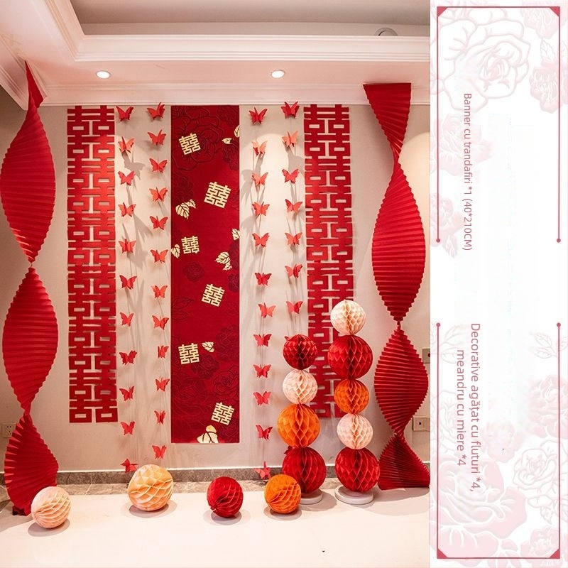 Set de decor pentru cameră de nuntă cu decorațiuni de perete, perdele și ghirlande pentru dormitorul și livingul cuplului (Material: țesătură nețesută; Ambalaj: Opp bag; Brand: Tiantianxifang; Categorie: Alte accesorii de nuntă; Ocazie: Nuntă)