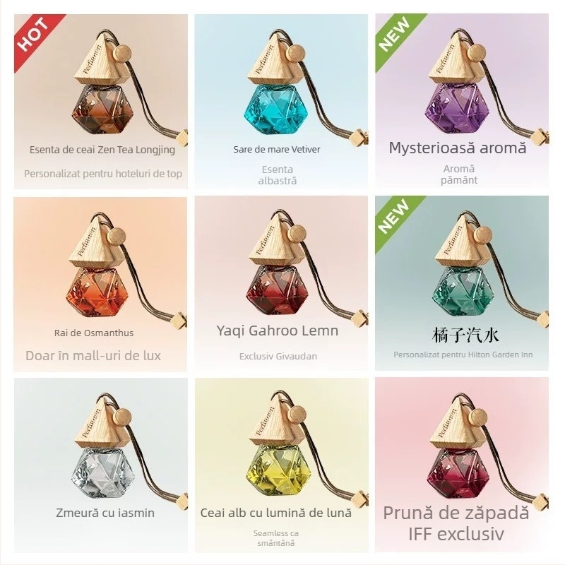Pandantiv parfum auto din sticlă triunghiulară, parfum de iasomie, personalizare disponibilă, durată de viață de trei ani