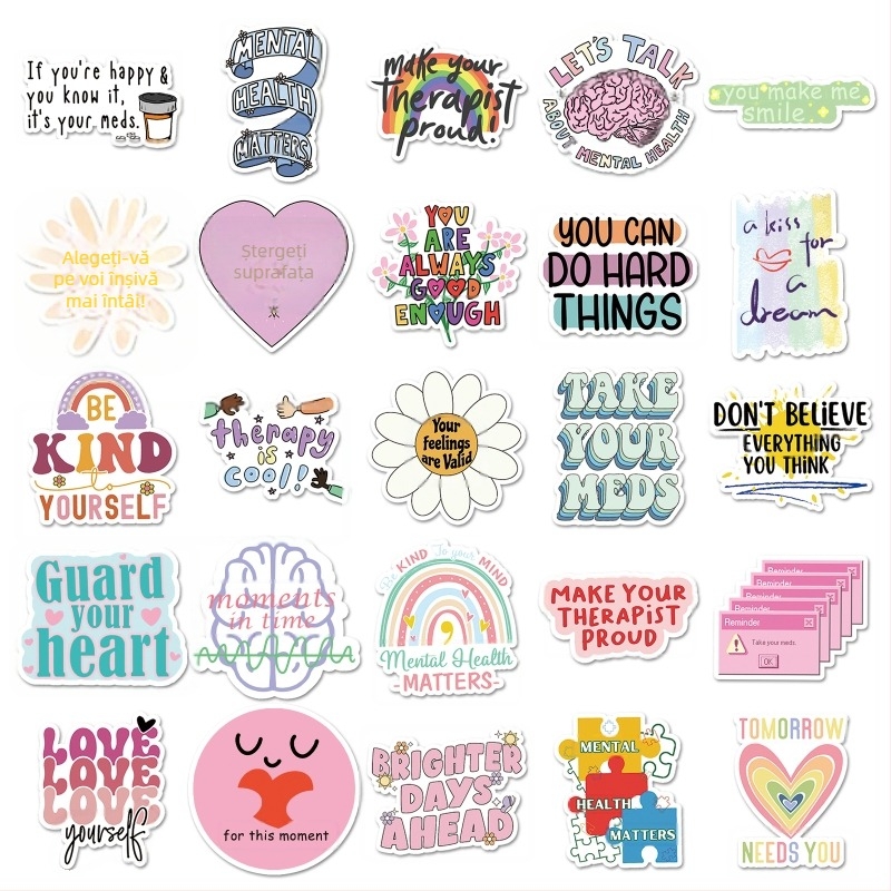 Set de autocolante: graffiti despre sănătatea mentală cu sloganuri în engleză pentru sticle de apă, huse de telefon și laptopuri; Brand Shi First; Seria English Series; Adeziv: Da; Proces: Offset printing; Greutate: 60 g