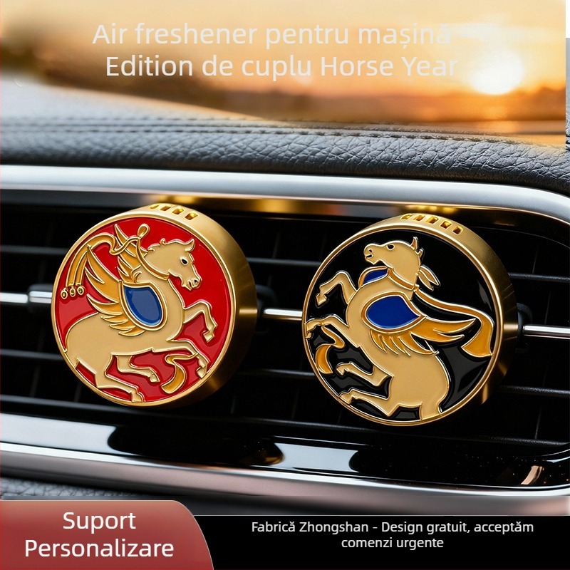 Difuzor de parfum pentru aerul din interiorul mașinii – Editie cuplu Anul Calului, suport parfum din aliaj de zinc, formă rotundă, parfum Cologne, 37 g, 1 an durată de viață, personalizare disponibilă