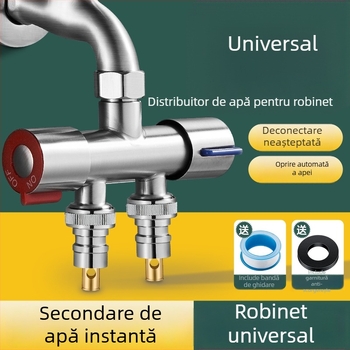 Robinet de balcon pentru mașina de spălat cu cuplaj 1→2 și două ieșiri, distribuție cu trei căi; oțel inoxidabil; miez de supapă din ceramică; corp cu o singură articulație; instalare ușoară.