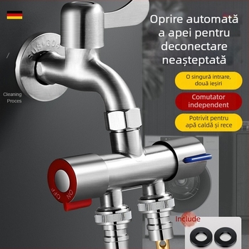 Robinet de balcon pentru mașina de spălat cu cuplaj 1→2 și două ieșiri, distribuție cu trei căi; oțel inoxidabil; miez de supapă din ceramică; corp cu o singură articulație; instalare ușoară.