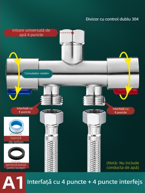 Robinet de balcon pentru mașina de spălat cu cuplaj 1→2 și două ieșiri, distribuție cu trei căi; oțel inoxidabil; miez de supapă din ceramică; corp cu o singură articulație; instalare ușoară.