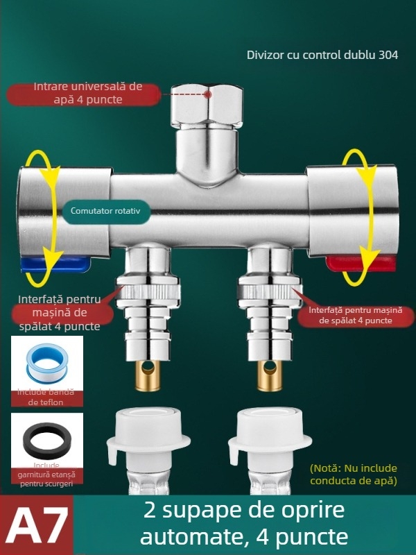 Robinet de balcon pentru mașina de spălat cu cuplaj 1→2 și două ieșiri, distribuție cu trei căi; oțel inoxidabil; miez de supapă din ceramică; corp cu o singură articulație; instalare ușoară.
