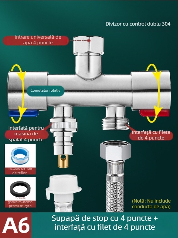 Robinet de balcon pentru mașina de spălat cu cuplaj 1→2 și două ieșiri, distribuție cu trei căi; oțel inoxidabil; miez de supapă din ceramică; corp cu o singură articulație; instalare ușoară.