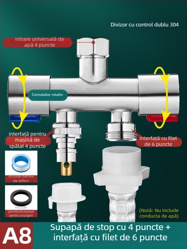 Robinet de balcon pentru mașina de spălat cu cuplaj 1→2 și două ieșiri, distribuție cu trei căi; oțel inoxidabil; miez de supapă din ceramică; corp cu o singură articulație; instalare ușoară.
