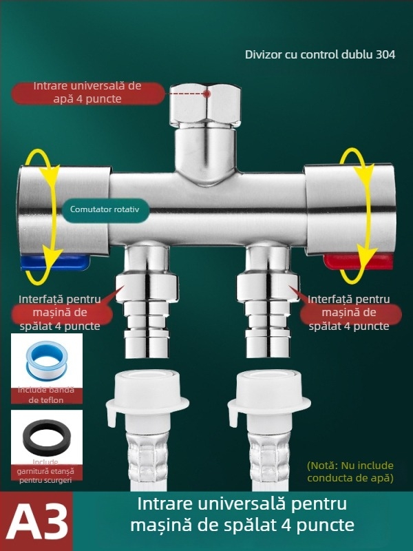 Robinet de balcon pentru mașina de spălat cu cuplaj 1→2 și două ieșiri, distribuție cu trei căi; oțel inoxidabil; miez de supapă din ceramică; corp cu o singură articulație; instalare ușoară.