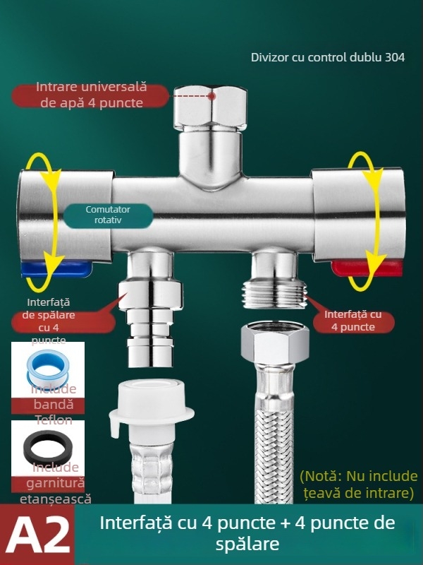 Robinet de balcon pentru mașina de spălat cu cuplaj 1→2 și două ieșiri, distribuție cu trei căi; oțel inoxidabil; miez de supapă din ceramică; corp cu o singură articulație; instalare ușoară.