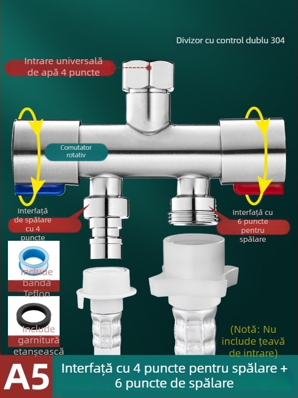 Robinet de balcon pentru mașina de spălat cu cuplaj 1→2 și două ieșiri, distribuție cu trei căi; oțel inoxidabil; miez de supapă din ceramică; corp cu o singură articulație; instalare ușoară.