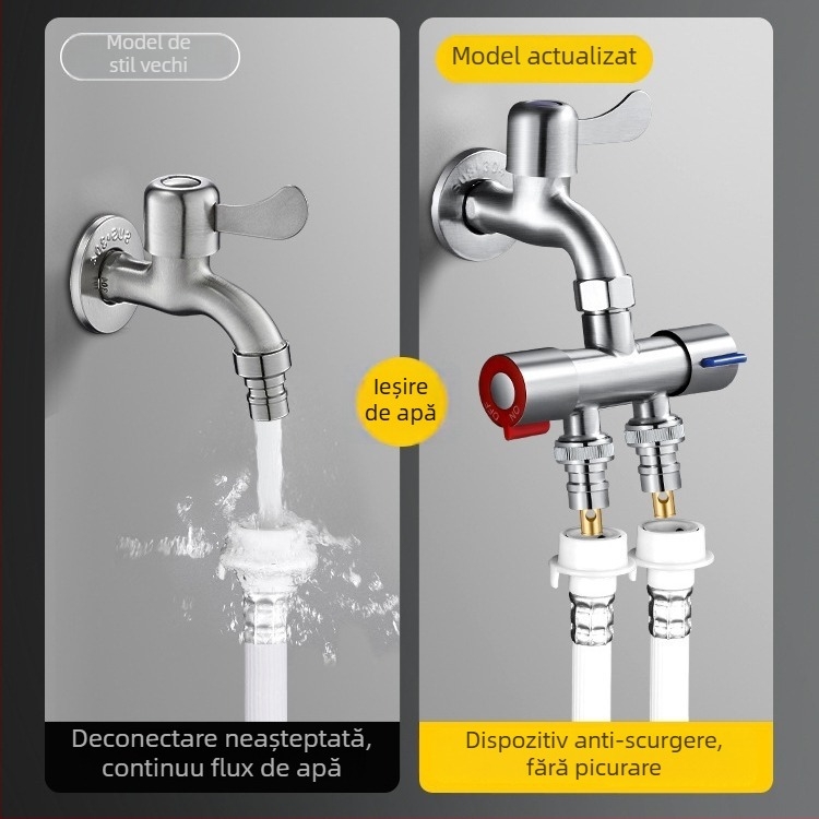 Robinet de balcon pentru mașina de spălat cu cuplaj 1→2 și două ieșiri, distribuție cu trei căi; oțel inoxidabil; miez de supapă din ceramică; corp cu o singură articulație; instalare ușoară.