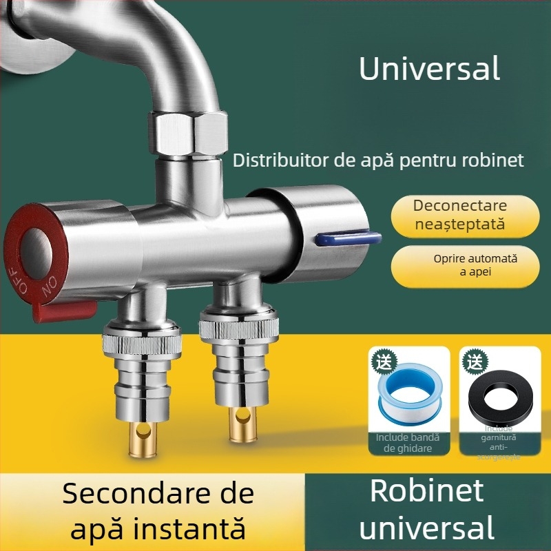Robinet de balcon pentru mașina de spălat cu cuplaj 1→2 și două ieșiri, distribuție cu trei căi; oțel inoxidabil; miez de supapă din ceramică; corp cu o singură articulație; instalare ușoară.