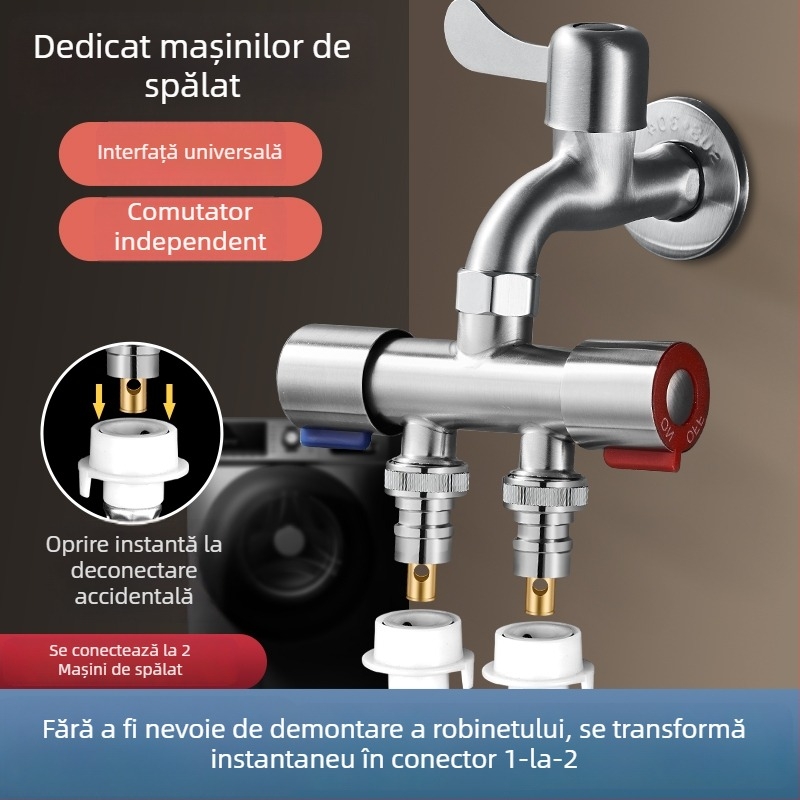 Robinet de balcon pentru mașina de spălat cu cuplaj 1→2 și două ieșiri, distribuție cu trei căi; oțel inoxidabil; miez de supapă din ceramică; corp cu o singură articulație; instalare ușoară.