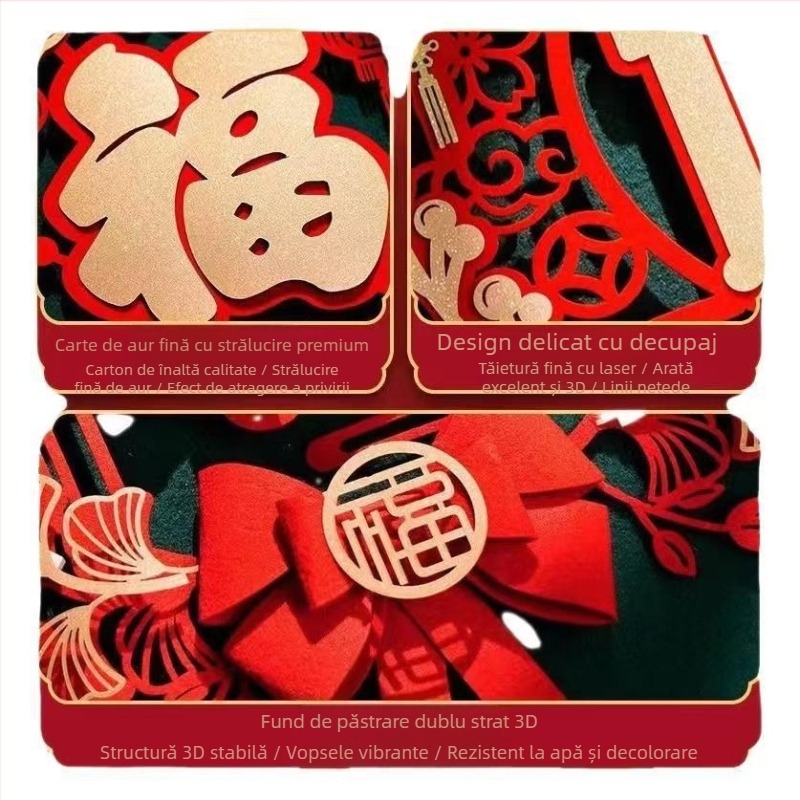 Autocolant 3D pentru ușă/fereastră cu simbolul Fu pentru Festivalul Primăverii — material catifelat, gravură cu laser, stil Chinezesc