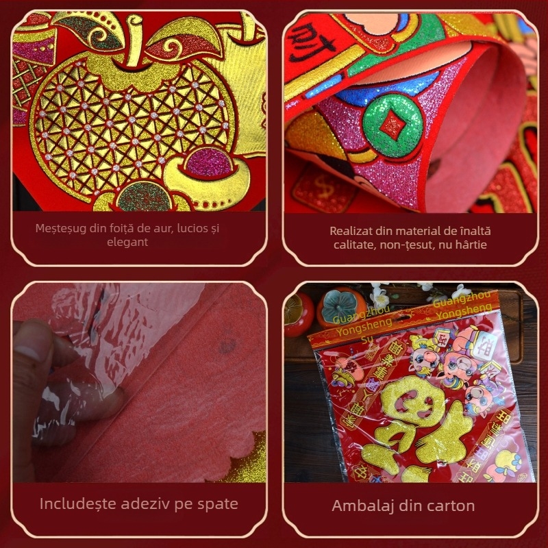 Decal ușă decorativ – țesătură flokată, ștampilare aurie, T713, Festivalul Primăverii, Stil Chinezesc