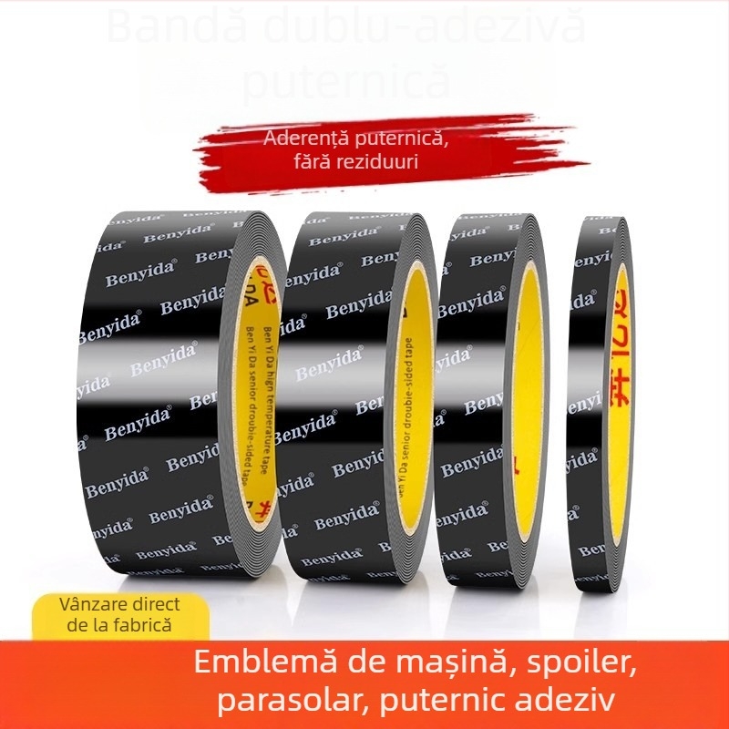 Bandă adezivă dublă față, cu vâscozitate înaltă, rezistentă la temperaturi ridicate, impermeabilă, pentru montaj pe aripa/spoilerul din spate, sprânceană de ploaie și etichetă de coadă. Bază: film nanometr; marcă: Yida.