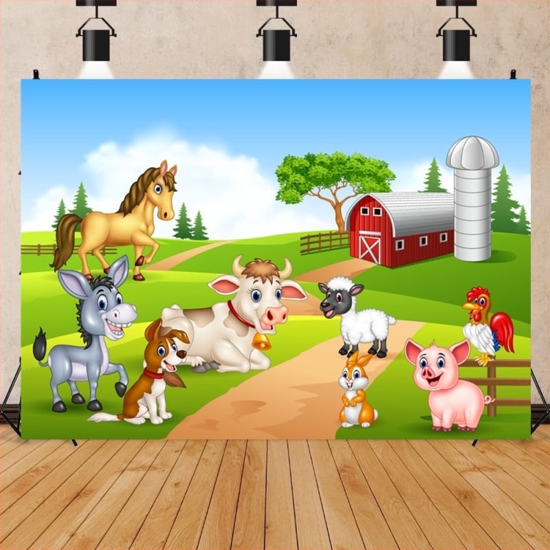 Fundal din vinil pentru fotografia copiilor, lățime 1.5 m × înălțime 1 m, potrivit pentru ședințe foto în decor, temă Ziua de naștere și animale mici