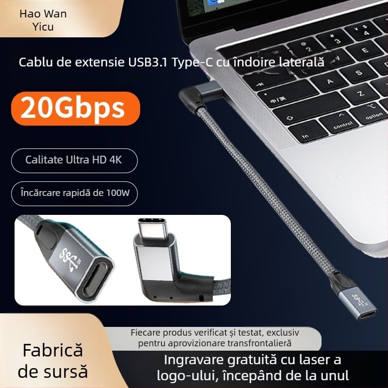 Cablu extensie Type-C cu curbă laterală, USB 3.1 Data, PD Încărcare rapidă, Lungime 0,5–5 m, 100W max