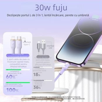 Romoss cablu de date 3 în 1 cu încărcare rapidă – Lightning, Micro USB şi Type-C, conectori 3‑în‑1, material PC+ABS, ieșire maximă 100