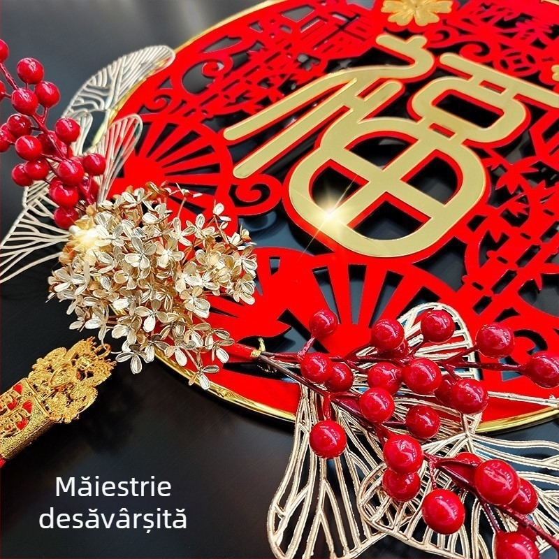 Pandantiv circular din acrilic, stil chinezesc, binecuvântare de Anul Nou, decor de primăvară, tehnică flocking, cadou ideal